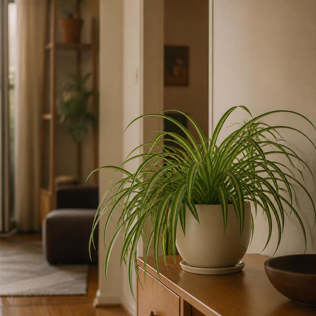 Planta-aranha em canto de sala com luz indireta suave