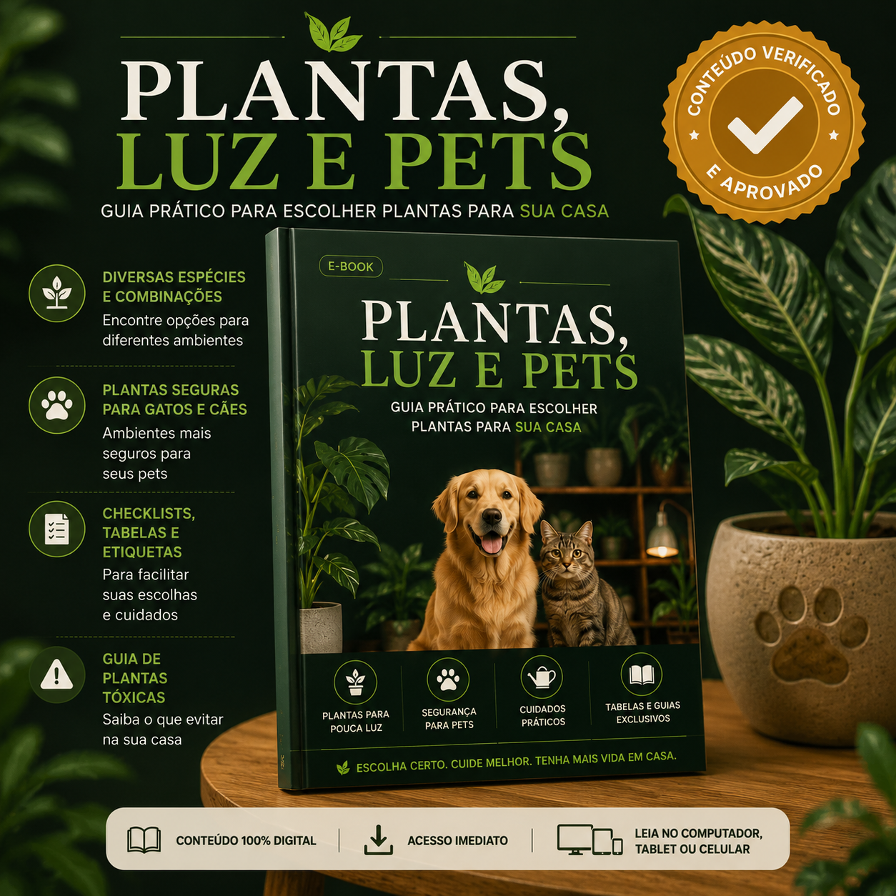 Capa do ebook Plantas, Luz e Pets mostrando um cachorro e um gato lado a lado, com selo de conteúdo verificado e aprovado